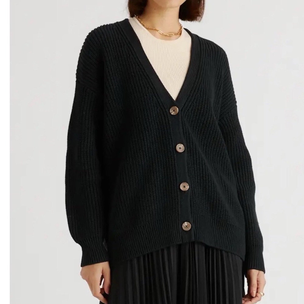 Quince Small Black Organic Cotton Oversized Boyfriend Cardigan Sweater